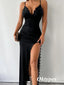 Sexy Black Satin And Lace Spaghetti Straps V-Lace Sleeveless Side Slit Mermaid Long Prom Dresses, PDS0998