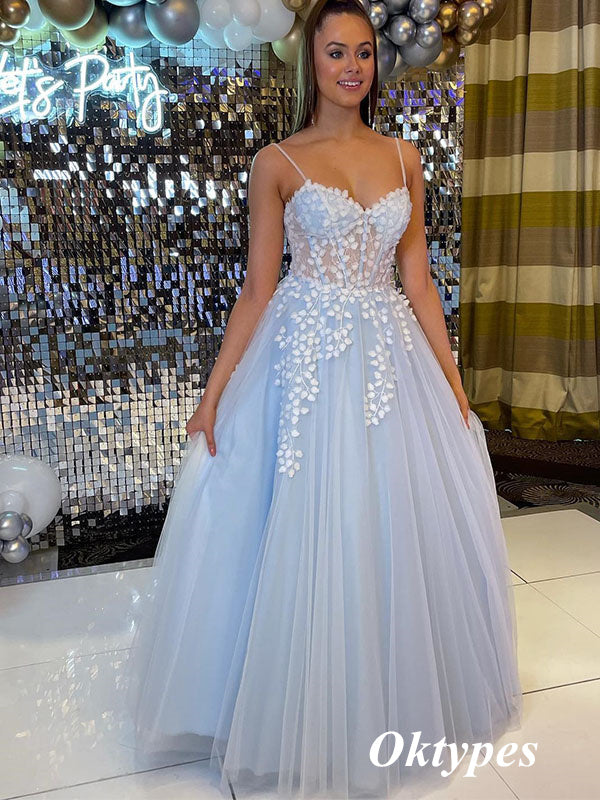 Elegant Tulle Spaghetti Straps V-Neck A-Line Long Prom Dresses With Appliques, PDS0992