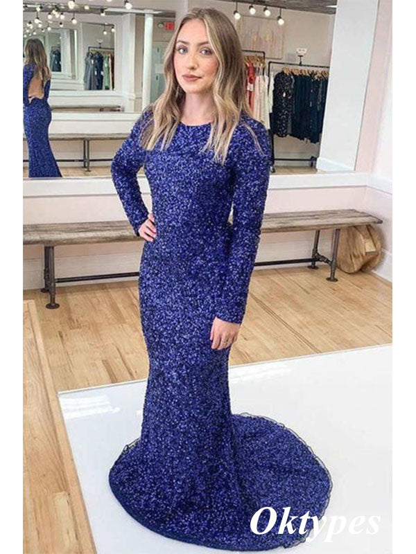 Sexy Sequin Round Neck Long Sleeves Backless Mermaid Long Prom Dresses, PDS1005