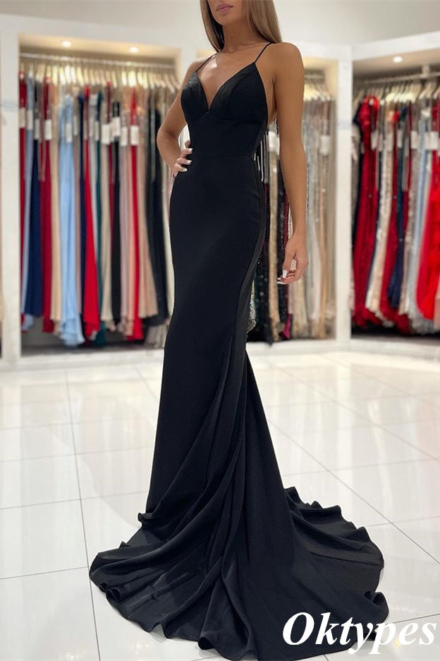 Sexy Spaghetti Straps Black V-neck Satin Mermaid Long Prom Dresses, PDS1048