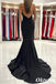 Sexy Spaghetti Straps Black V-neck Satin Mermaid Long Prom Dresses, PDS1048