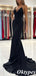 Sexy Spaghetti Straps Black V-neck Satin Mermaid Long Prom Dresses, PDS1048