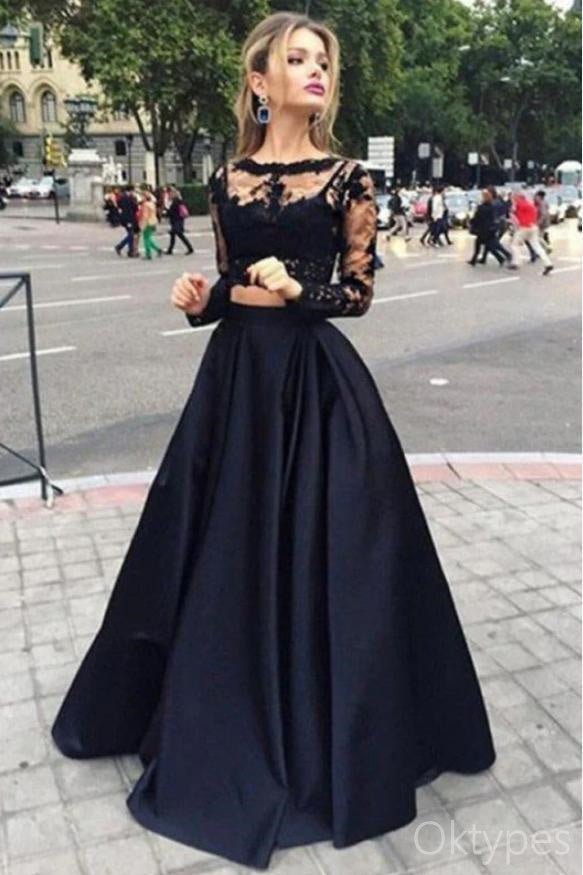 Elegant Black Lace A-Line Full Sleeve Women Floor-Length Prom Dresses PDS1223