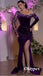 Elegant Purple Velvet Long Sleeves Side Slit Mermaid Long Prom Dresses With Appliques, PDS1006