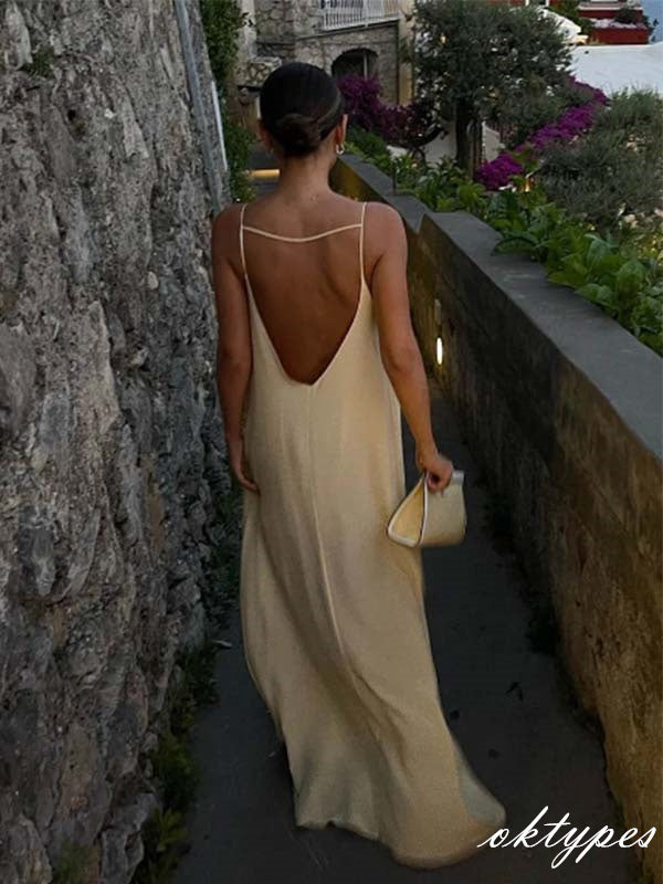 Sexy Lemon Round-Neck Spaghetti Strap Backless Floor-Length Prom Dresses PDS1084