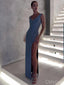 Blue Sequin Sexy Spaghetti Strap V-Neck Side Slit Floor-Length Prom Dresses PDS1123