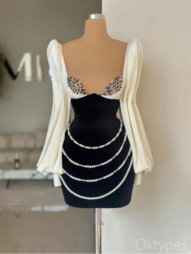 Charming Black White Full Sleeve Sweetheart Women Mini Dresses Homecoming Dresses, PDS0580