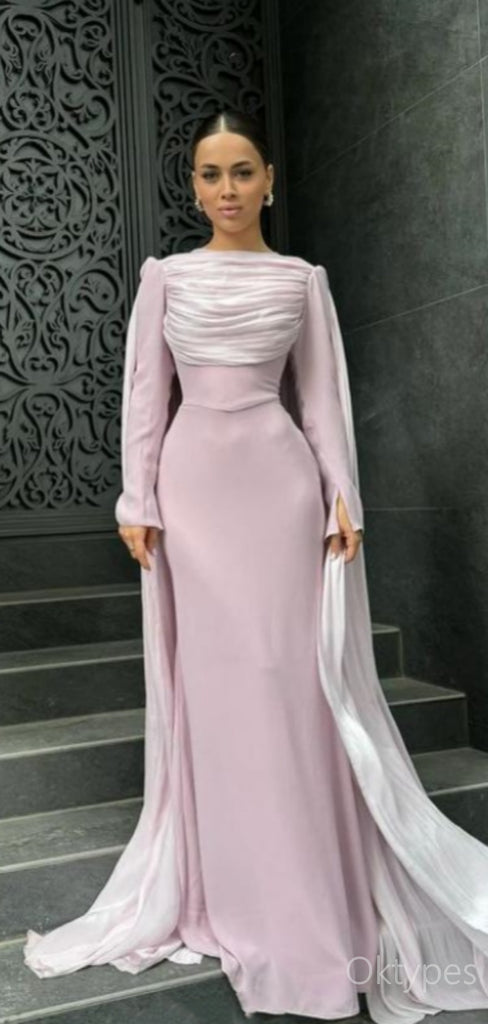 Simple High Neck Coral Full Sleeve Women Floor-Length Prom Dresses PDS1153