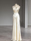 Simple White Pearl Halter Pleat Floor-Length Prom Dresses PDS1135