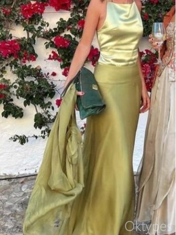 Charming Grass Green Satin Halter Floor-Length Women Prom Dresses PDS1251