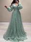 Modest V-neck Long Sleeves A-line Floor Length Women Prom Dresses PDS1284