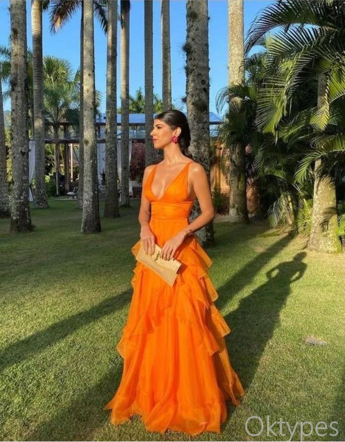 Women Burn-Orange Ruffle Strapless Floor-Length Prom Dresses PDS1174