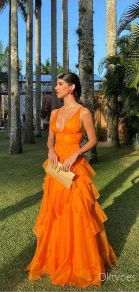 Women Burn-Orange Ruffle Strapless Floor-Length Prom Dresses PDS1174