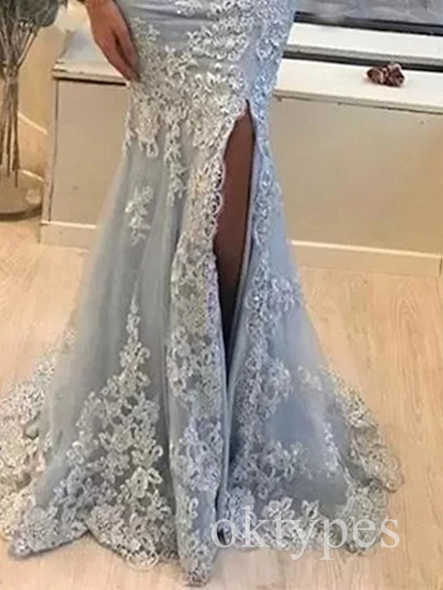 Lace Applique Off Shoulder Side Slit Mermaid  Long Women Prom Dresses PDS1278