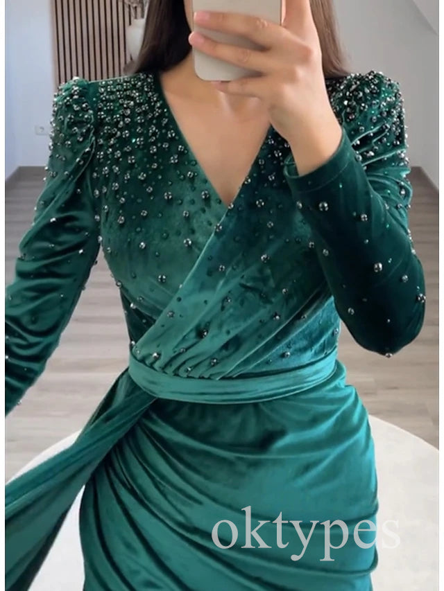 Elegant V-neck Long Sleeves Mermaid  Long Women Prom Dresses PDS1279