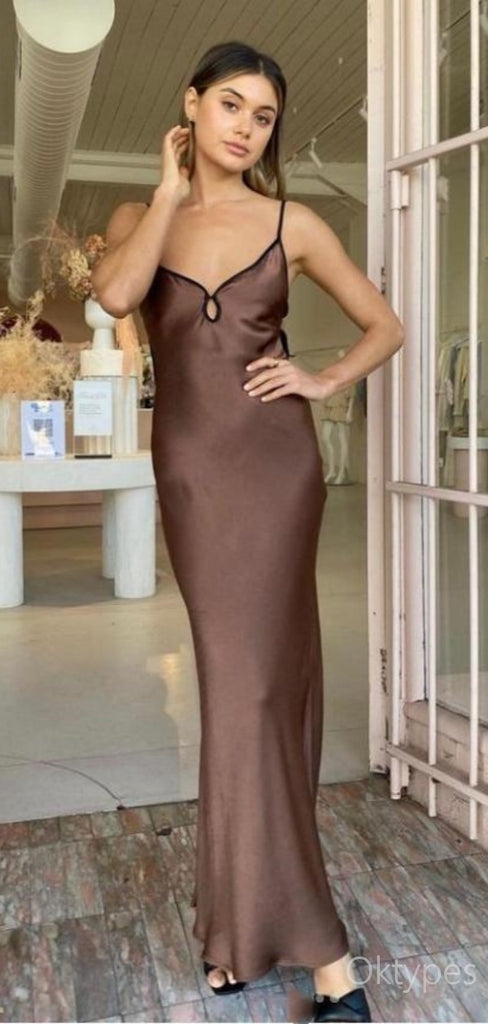 Charming Brown Chocolate Spaghetti Strap Floor-Length Prom Dresses PDS1096