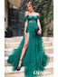 Sexy Off Shoulder Tulle Side Slit -Line Long Prom Dresses With Applique, PDS1017