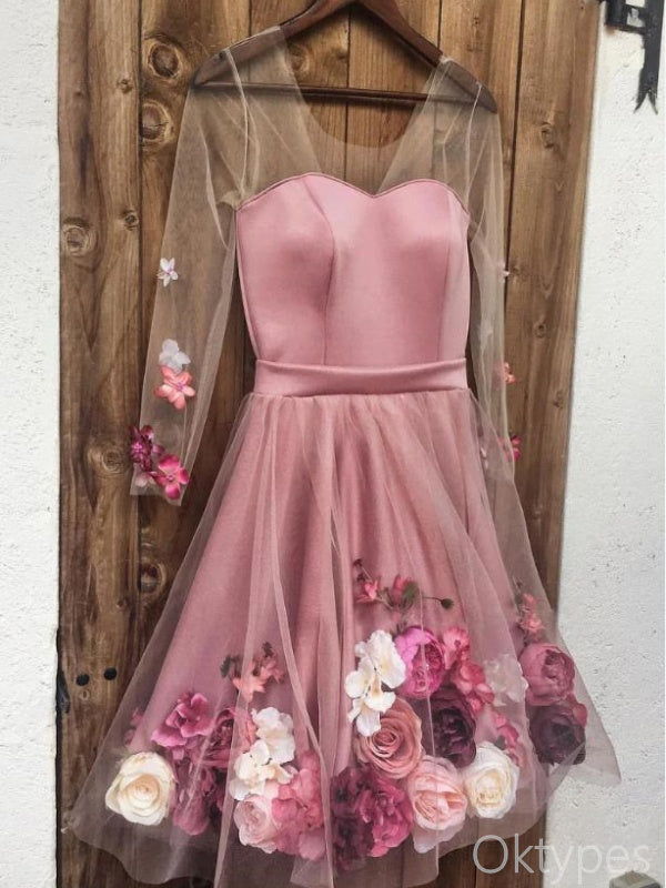 See Through Flower Appliqued Sweetheart Strapless Women Mini Dresses Homecoming Dresses, PDS0563