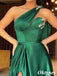 Elegant Emerald One Shoulder Beading Side Slit With Trailing Soft Satin A-Line Formal Gown, PDS1051