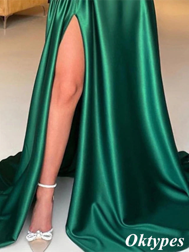 Elegant Emerald One Shoulder Beading Side Slit With Trailing Soft Satin A-Line Formal Gown, PDS1051