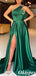 Elegant Emerald One Shoulder Beading Side Slit With Trailing Soft Satin A-Line Formal Gown, PDS1051