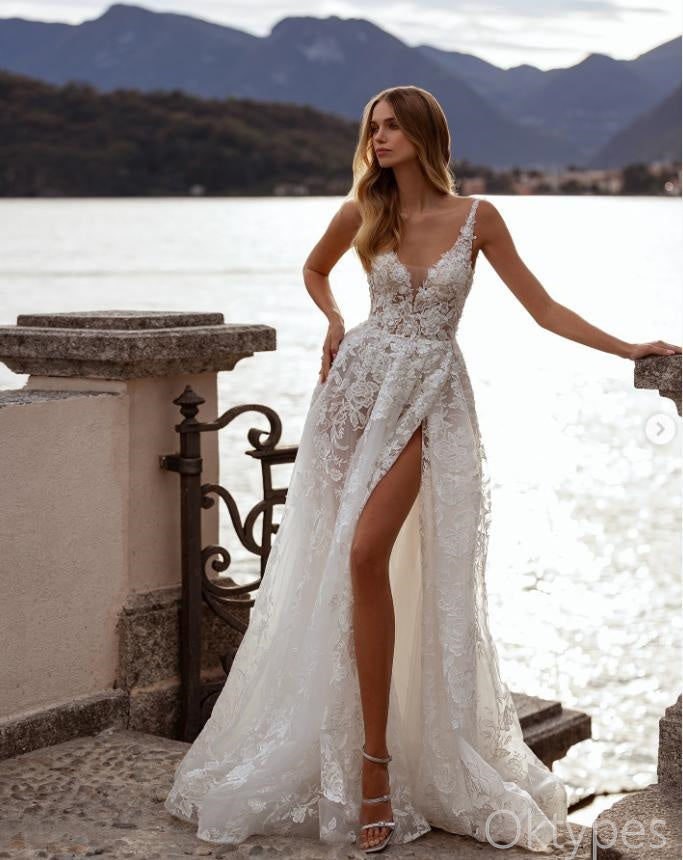 Elegant White Tulle V-Neck A-Line Side Slit Long Wedding Dresses,WDS0146