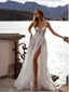 Elegant White Tulle V-Neck A-Line Side Slit Long Wedding Dresses,WDS0146