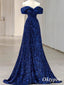 Elegant Sequin Off Shoulder V-Neck Sleeveless A-Line Long Prom Dresses, PDS0987