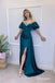 Sexy Satin V-Neck Off Shoulder Short Sleeves Side Slit Mermaid Long Prom Dresses, PDS0972