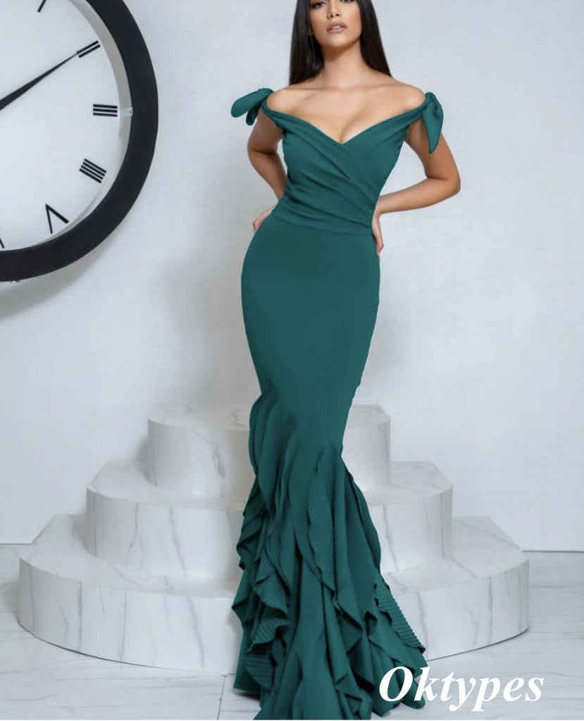 Sexy  Jersey Mermaid Off Shoulder V-Neck Stretchy Long Formal Prom Dresses, PDS0989