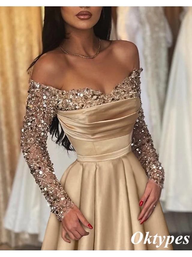 Sexy Champagne Off Shoulder Beading Sweetheart A-Line Long Evening Dresses, PDS1044