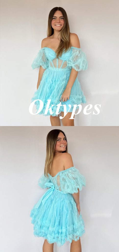 Sexy Tulle Off Shoulder A-Line Mini Dresses/ Homecoming Dresses, PDS0548