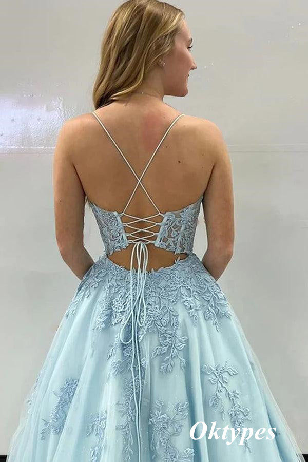 Sexy Tulle And Lace Spaghetti Straps Lace Up Back A-Line Long Formal Prom Dresses, PDS0991