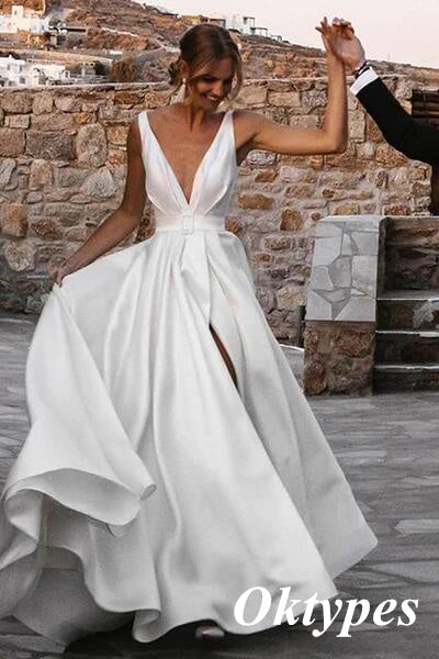 Elegant Spaghetti Straps Deep V-Neck Sleeveless A-Line Long Wedding Dresses With Split,WDS0142