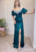 Sexy Satin V-Neck Off Shoulder Short Sleeves Side Slit Mermaid Long Prom Dresses, PDS0972