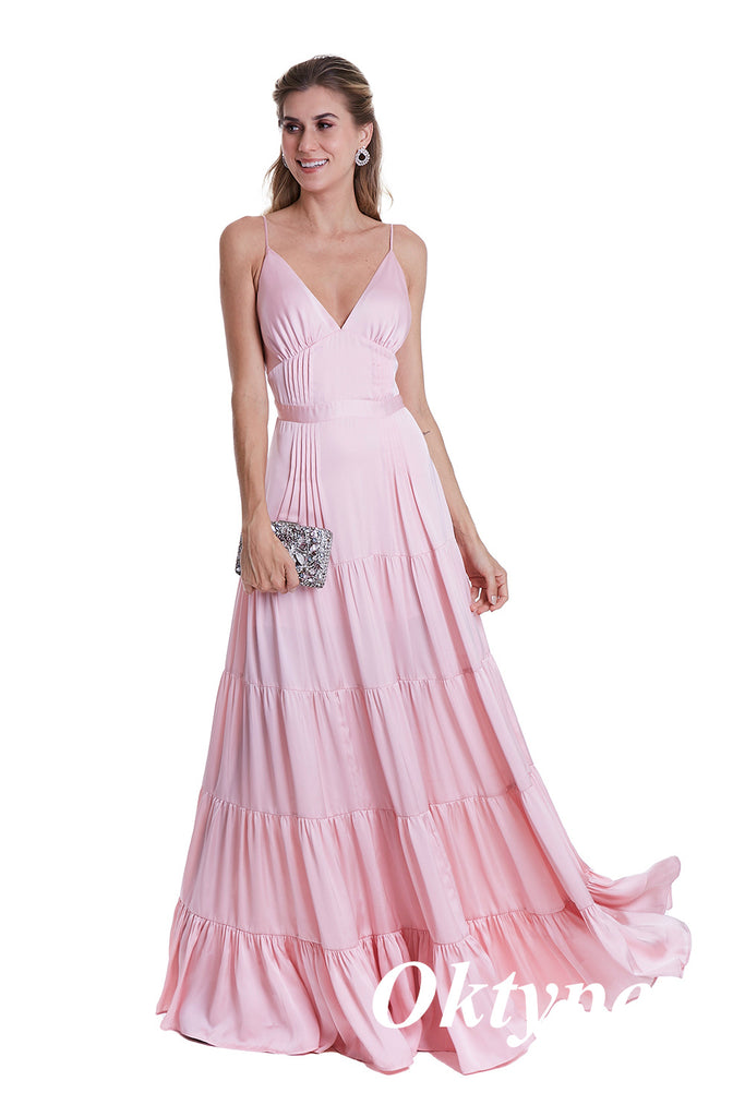 Sexy Pink Soft Satin Spaghetti Straps V-Neck A-Line Long Prom Dresses, PDS1022