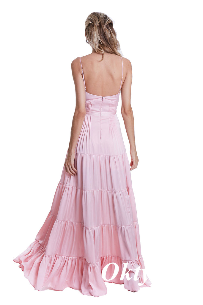 Sexy Pink Soft Satin Spaghetti Straps V-Neck A-Line Long Prom Dresses, PDS1022