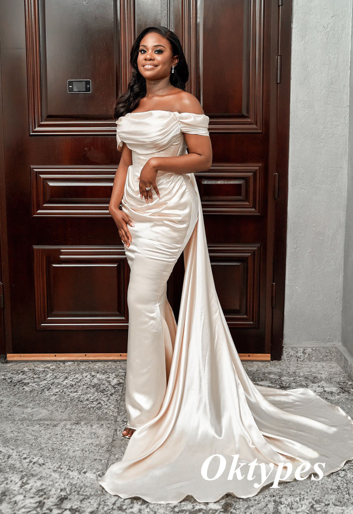 Elegant Satin Off Shoulder Sleeveless Mermaid Long Prom Dresses With Train, PDS1007