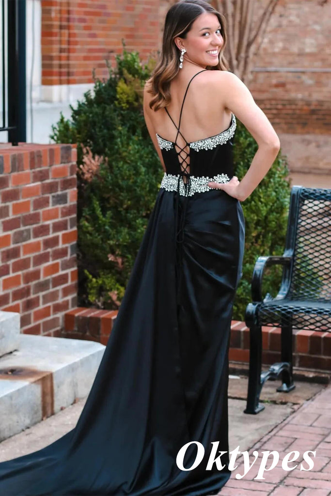 Sexy Black Soft Satin Spaghetti Straps Side Slit Mermaid Long Prom Dresses With Beading, PDS1035