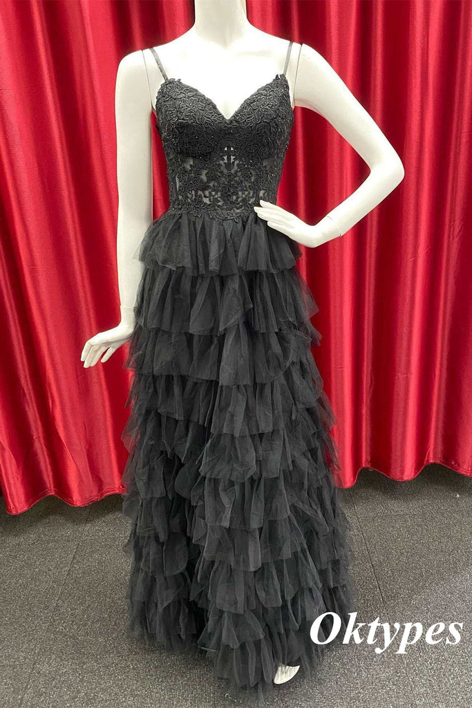 Sexy Black Tulle Spaghetti Straps V-Neck A-Line Long Prom Dresses, PDS1015