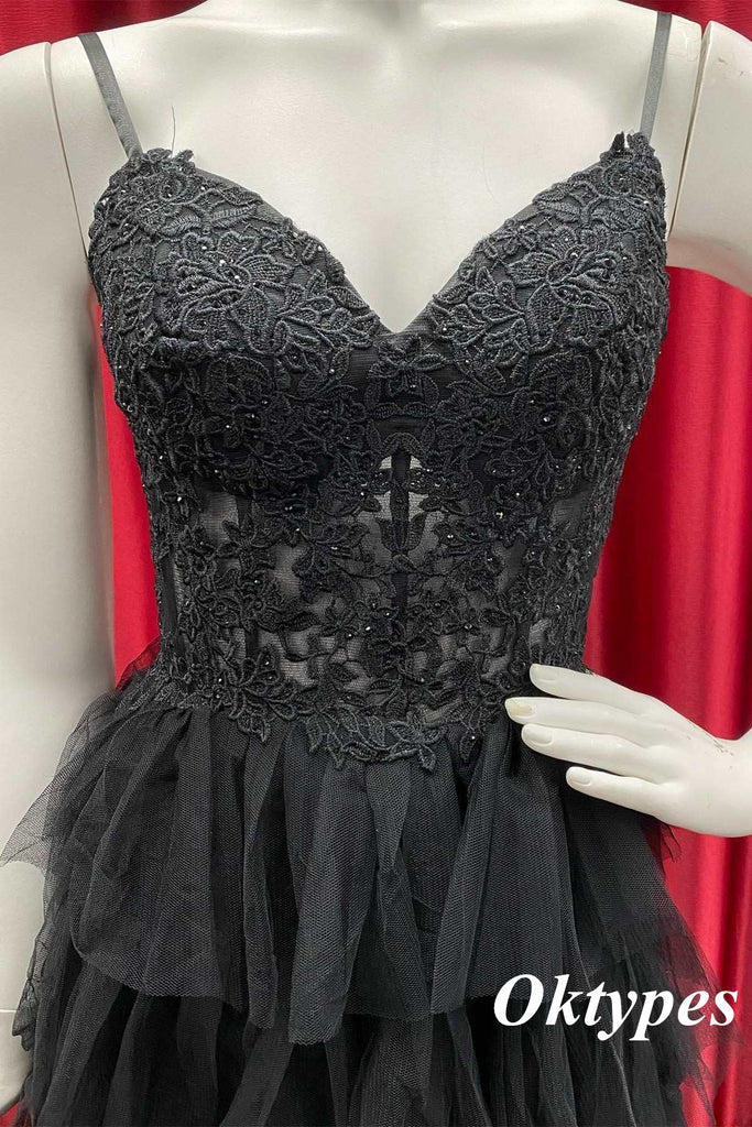 Sexy Black Tulle Spaghetti Straps V-Neck A-Line Long Prom Dresses, PDS1015