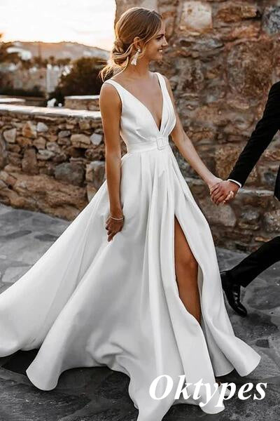 Elegant Spaghetti Straps Deep V-Neck Sleeveless A-Line Long Wedding Dresses With Split,WDS0142