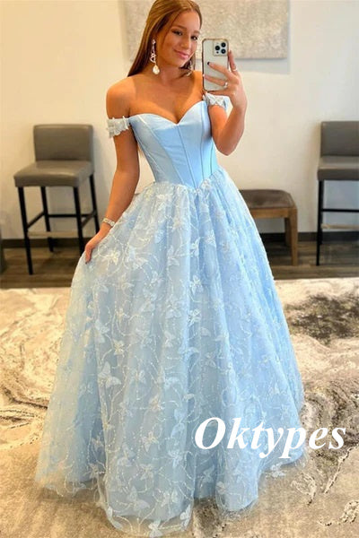 Elegant Satin And Tulle Off Shoulder Sleeveless A-Line Long Prom Dresses, PDS1003