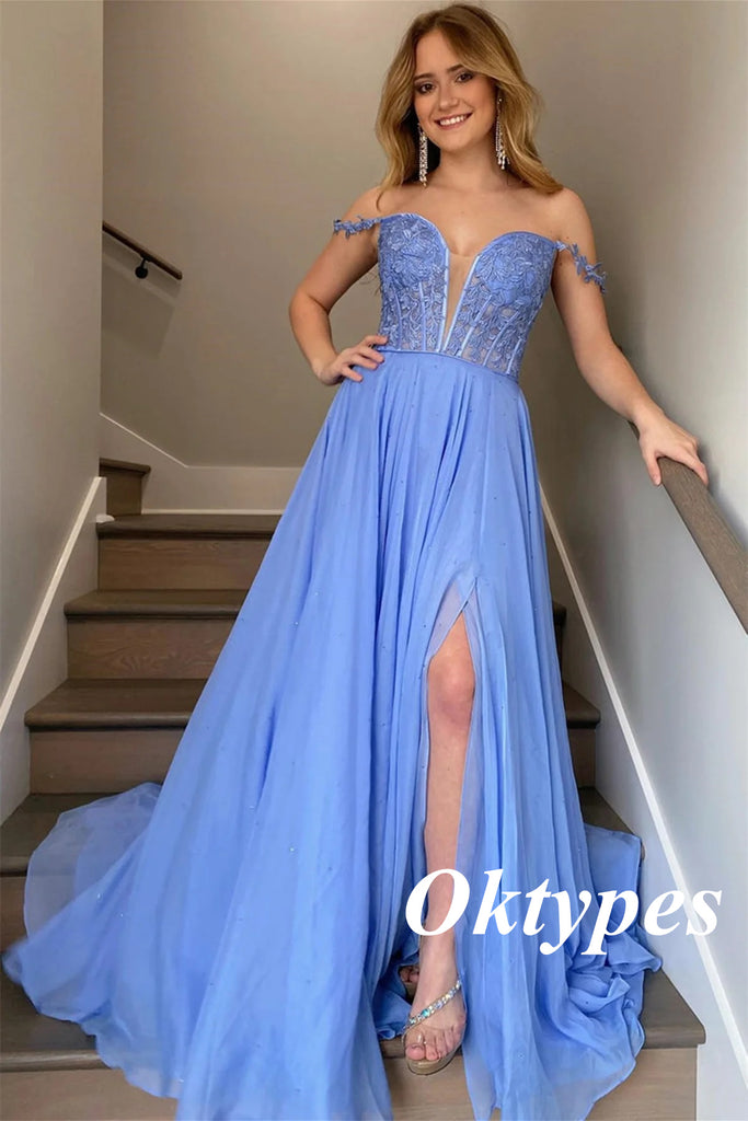 Elegant Tulle And Lace Beading Off Shoulder Sleeveless Side Slit A-Line Long Prom Dresses, PDS1004