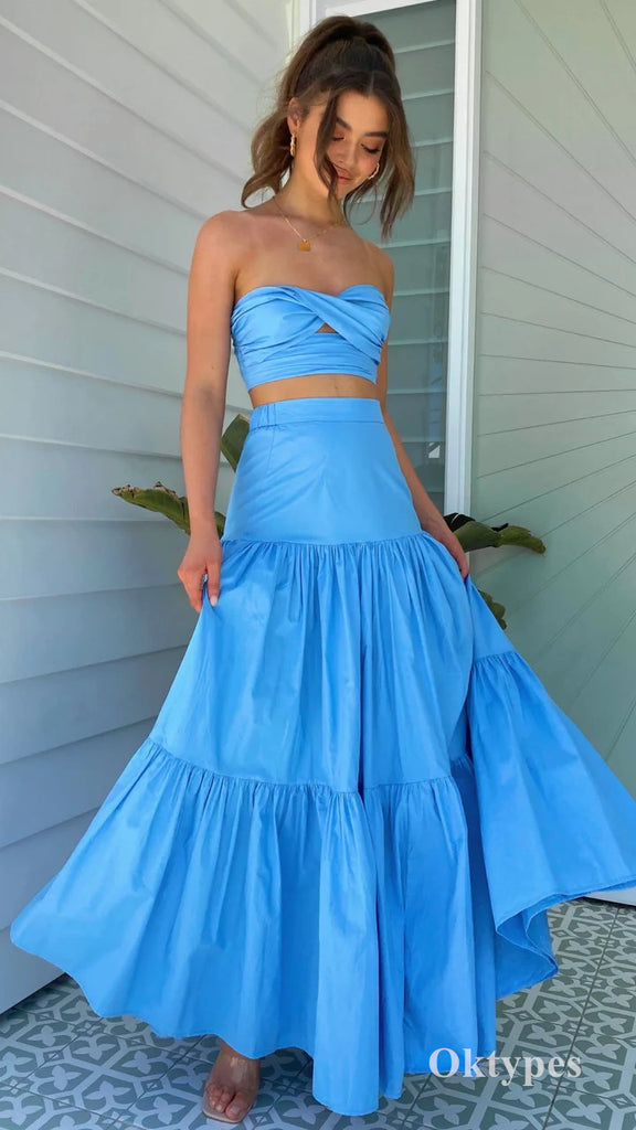 Sexy Sweetheart Two Pieces Sleeveless A-Line Long Prom Dresses, PDS0981