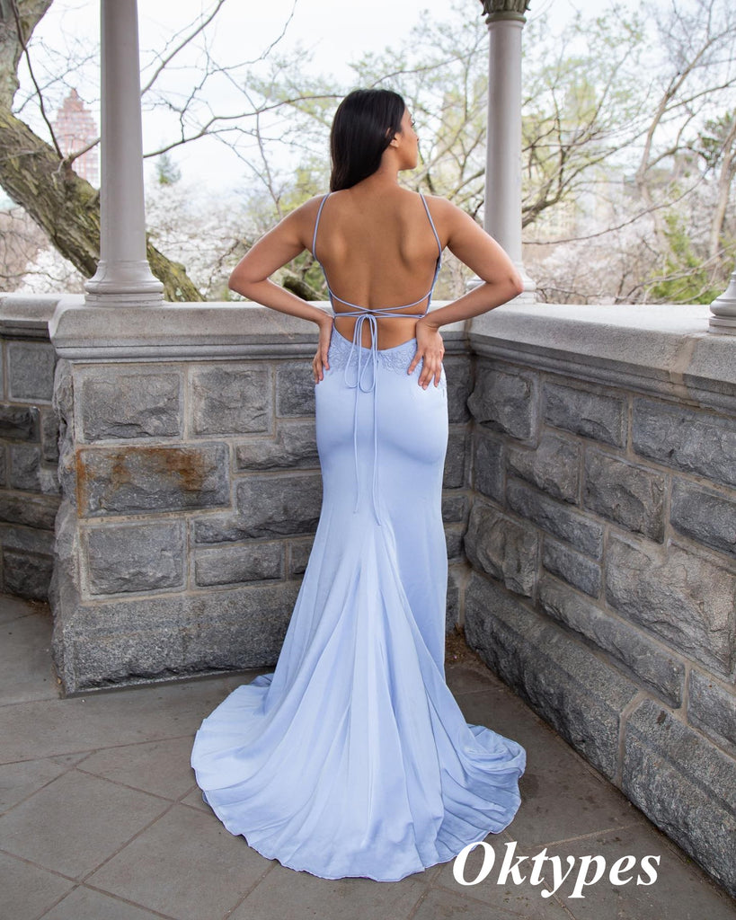 Sexy Satin Spaghetti Straps V-Neck Open Back Mermaid Long Prom Dresses With Appliques, PDS0993