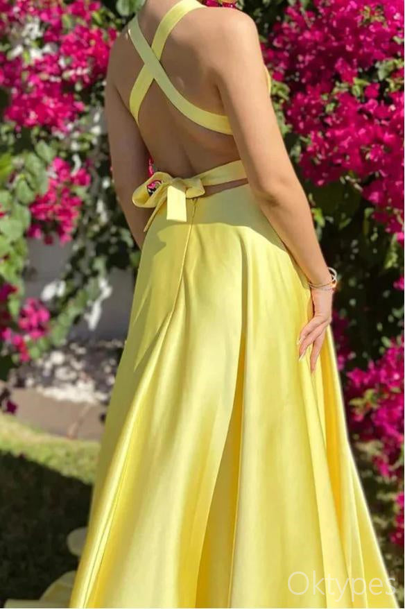 Beautiful Yellow V-Neck Backless A-Line Floor-Length Prom Dresses PDS1163