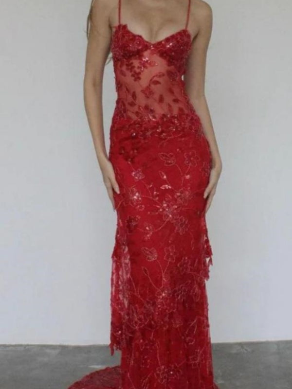 Red Appliqued Spaghetti Strap See Though Floor-Length Prom Dresses PDS1185