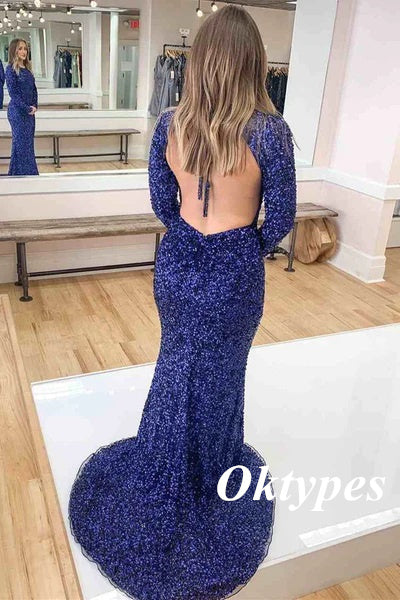 Sexy Sequin Round Neck Long Sleeves Backless Mermaid Long Prom Dresses, PDS1005