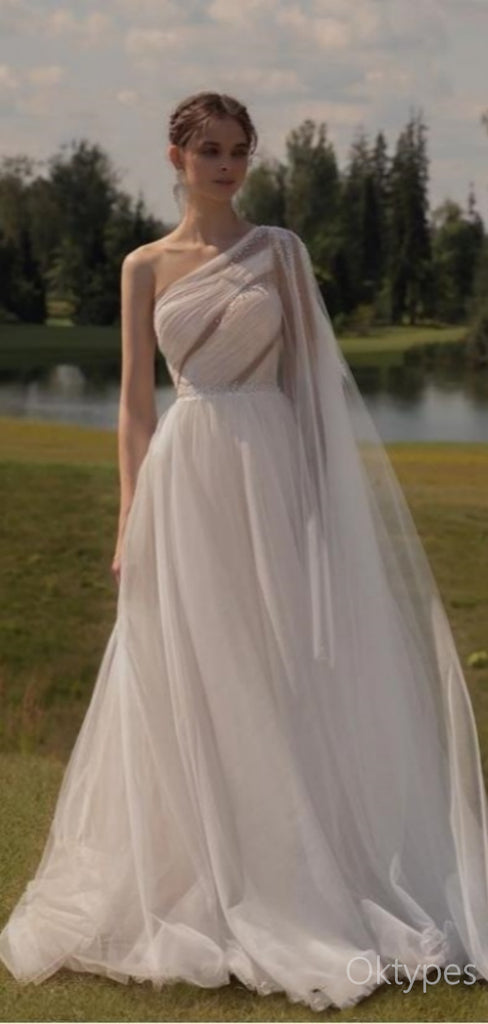 Elegant One Shoulder Tulle With Trailing A-Line White Long Wedding Dresses,WDS0148